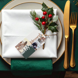 Merry & Blessed Family Christmas Photo Green Gift Tags