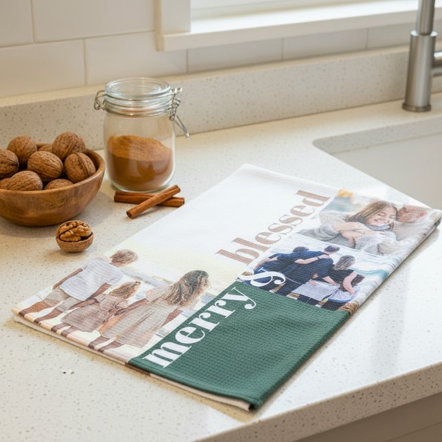 Merry & Blessed Family Christmas Photo Green Kitchen Towel (Creator Uploaded)