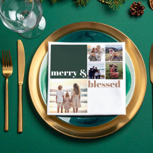 Merry & Blessed Family Christmas Photo Green Napkins
