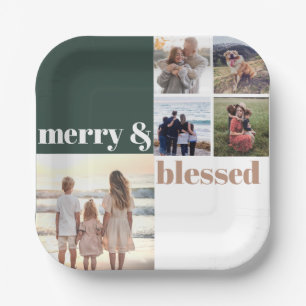 Merry & Blessed Family Christmas Photo Green Paper Plates