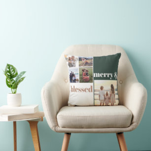 Merry & Blessed Family Christmas Photo Green Throw Pillow