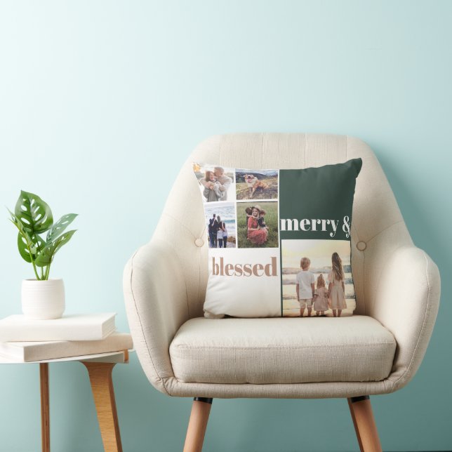 Merry & Blessed Family Christmas Photo Green Throw Pillow (Chair)