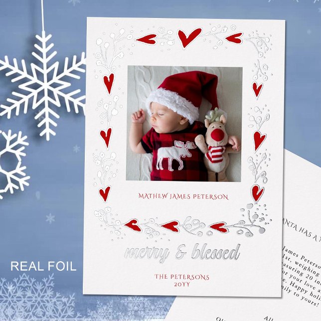 Merry Blessed Red Hearts Holiday Baby Announcement (merry blessed holiday baby photo announcement card foil botanical frame hearts sweet cute adorable)