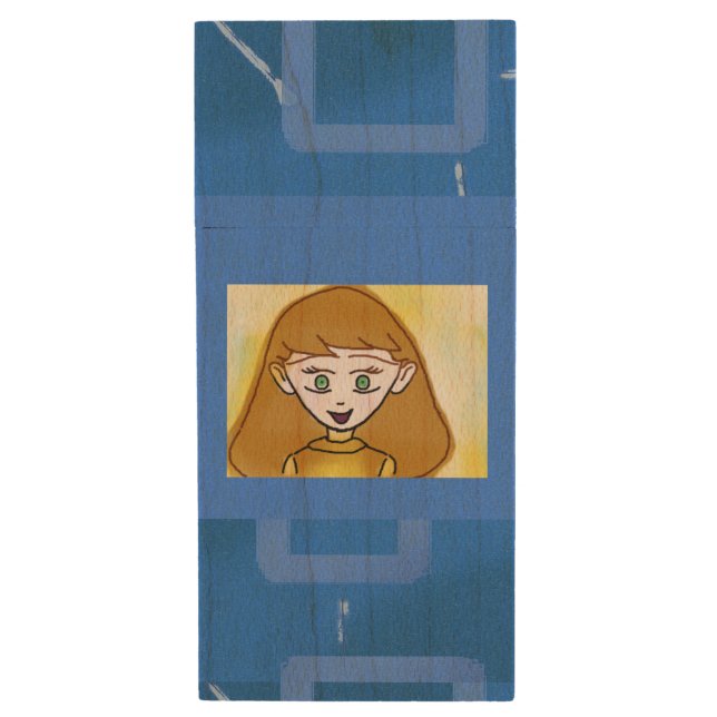 Merry  Blue Geometric USB Wooden Flash Drive (Front Vertical)