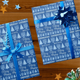 Merry Blue Interfaith Childs Name Chrismukkah Wrapping Paper