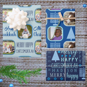 Merry Blue Interfaith Chrismukkah Assortment Wrapping Paper Sheets