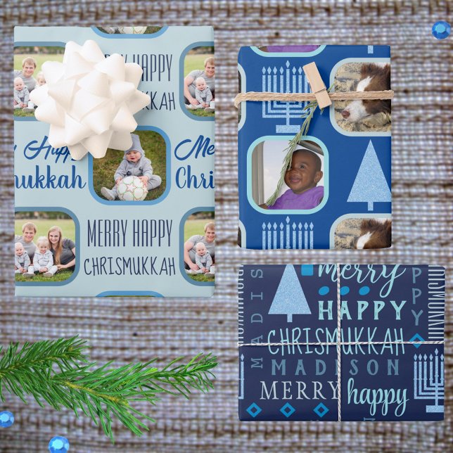 Merry Blue Interfaith Chrismukkah Assortment Wrapping Paper Sheets (Personalize this fun Chrismukkah style holiday wrapping paper with your photos and child's name)