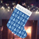Merry Blue Interfaith Chrismukkah Cute Childs Name Large Christmas Stocking<br><div class="desc">Create your own personalized light blue Menorah and Christmas tree pattern Christmas stocking as a perfect crossover for Chrismukkah and Hanukkah celebrations. The classic Christmas stocking with the iconic symbols of both Christmas and Hanukkah in pale blue is cute for children and pets but adults will love it too. Designed...</div>
