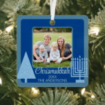 Merry Blue Interfaith Chrismukkah Double Sided Metal Ornament<br><div class="desc">Create your own cute Chrismukkah ornament in light and dark blue and featuring your photo, front and back, for a one of a kind family keepsake. From the simple light blue Christmas tree to the matching pale blue Hanukkah menorah, this pastel and dark blue square metal ornament will commemorate your...</div>