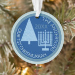 Merry Blue Interfaith Chrismukkah Photo Keepsake Ornament<br><div class="desc">Personalize this cute OUR 1ST CHRISMUKKAH ornament in light blue and dark blue for a one of a kind family keepsake. From the simple pastel blue Christmas tree to the matching pale blue Hanukkah menorah, this light blue and deep blue acrylic ornament will commemorate your first blended interfaith holiday. The...</div>