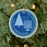 Merry Blue Interfaith Cute 1st Chrismukkah Photo Ceramic Ornament<br><div class="desc">Personalize this cute OUR 1ST CHRISMUKKAH ornament in light blue and dark blue for a one of a kind family keepsake. From the simple pale blue Christmas tree to the matching light blue Hanukkah menorah, this pastel blue and deep blue ceramic ornament will commemorate your first blended interfaith holiday. Upload...</div>