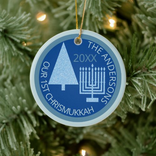 Merry Blue Interfaith Cute 1st Chrismukkah Photo Ceramic Ornament