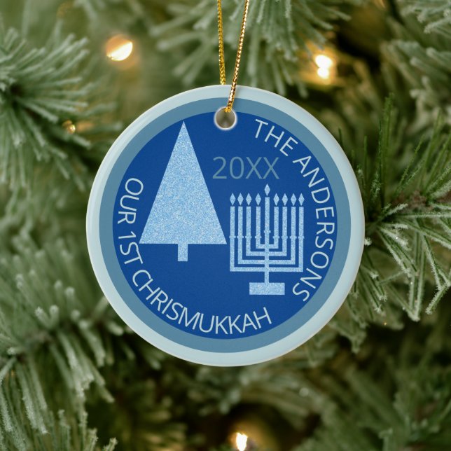 Merry Blue Interfaith Cute 1st Chrismukkah Photo Ceramic Ornament (Tree)