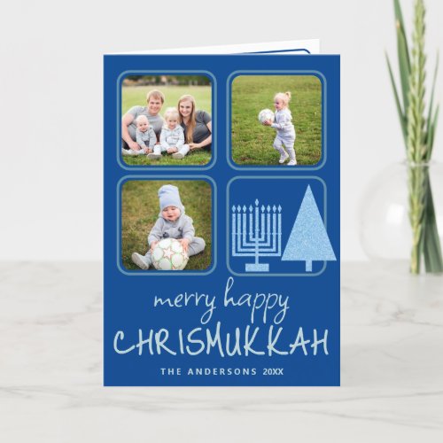 Merry Blue Interfaith Cute Handwriting 3 Photo Holiday Card