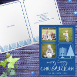 Merry Blue Interfaith Cute Handwriting 3 Photo Holiday Card<br><div class="desc">Custom Merry Happy Chrismukkah holiday greeting cards featuring your photos are a cute way to spread holiday cheer during the holidays. Created with interfaith families in mind, this unique design includes fun casual handwritten style fonts in pale blue on a rich royal blue background, three of your favorite photos and...</div>