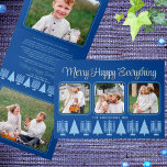 Merry Blue Interfaith Elegant Script 4 Photo Tri-Fold Holiday Card<br><div class="desc">Create your own 5 photo tri-fold holiday cards with this elegant modern light blue and dark blue Merry Happy Everything interfaith design. The horizontal design features three of your favorite pictures on the front, with rounded corners and bordered with a thin medium blue frame on a rich royal blue background....</div>