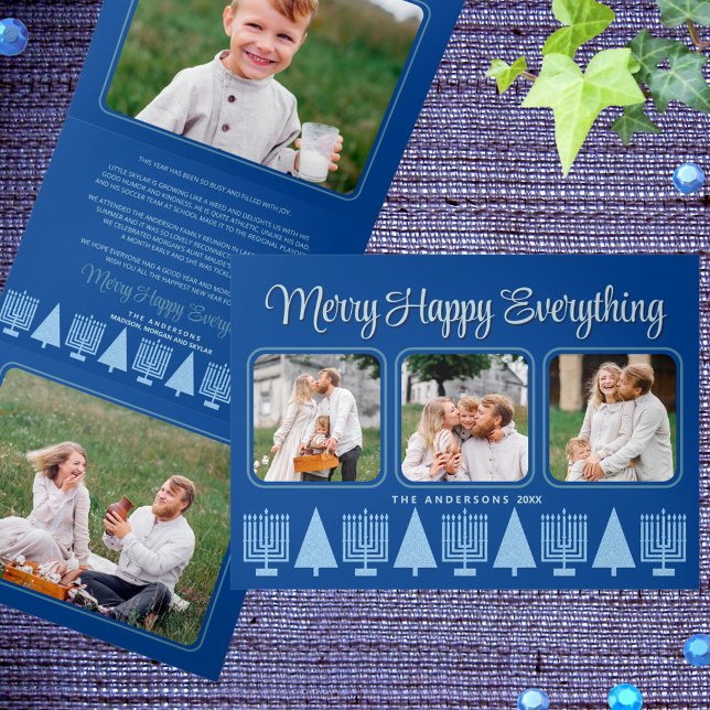 Merry Blue Interfaith Elegant Script 4 Photo Tri-Fold Holiday Card (Easy to personalize, these interfaith holiday tri-fold cards are great for interfaith families)