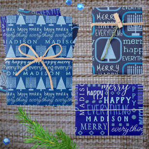 Merry Blue Interfaith Everything Add Childs Name Wrapping Paper Sheets