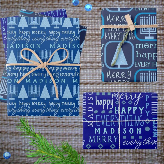 Merry Blue Interfaith Everything Add Childs Name Wrapping Paper Sheets (This interfaith family holiday wrapping paper in blue is easy to customize and make your own)