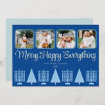 Merry Blue Interfaith Menorah Tree Cute 4 Photo Holiday Card<br><div class="desc">Personalize these 4 photo collage holiday cards in a simple pastel blue and dark blue Merry Happy Everything interfaith design. An elegant stylized script font in pale blue with a slight drop shadow in dark navy adds interest and the row of five light blue Menorahs and four matching Christmas trees...</div>