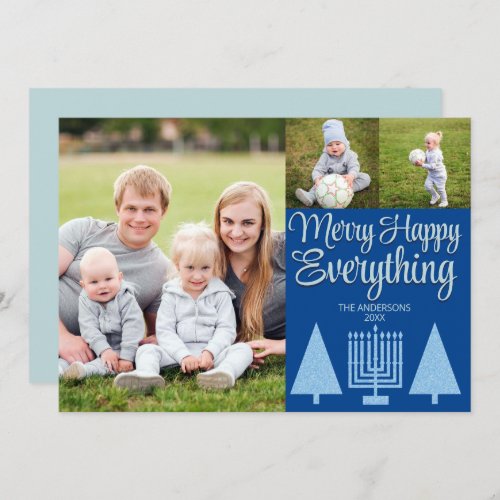Merry Blue Interfaith Tree Menorah Cute 3 Photo Holiday Card