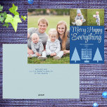 Merry Blue Interfaith Tree Menorah Cute 3 Photo Holiday Card<br><div class="desc">Photo templates make designing your own 3 photo collage holiday cards a snap with this modern elegant script Merry Happy Everything design in pastel blue and dark blue. Add your favorite large photo on the left of these custom cards then add two smaller pictures on the upper right above MERRY...</div>