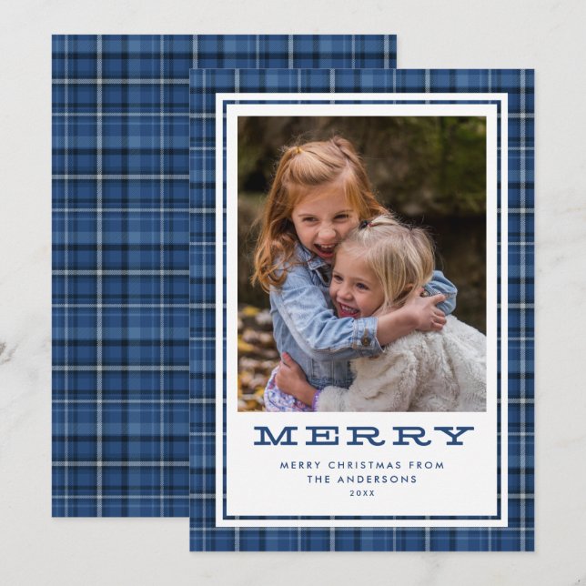 Merry Blue Plaid Single Photo Holiday Card (Front/Back)