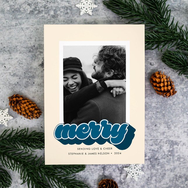 Merry Blue Retro Script Christmas Photo Holiday Card (Creator Uploaded)