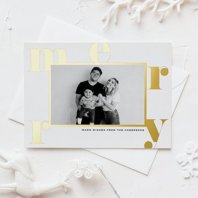 Merry Bold Typography Modern Photo Christmas Foil Holiday Postcard (Creator Uploaded)