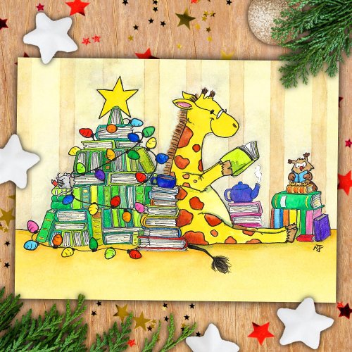 Merry bookish Christmas postcard by Nicole Janes