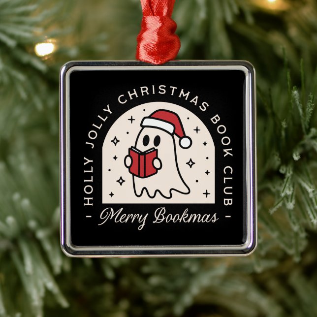 Merry bookmas bookish book lovers Christmas black Metal Ornament (Tree)