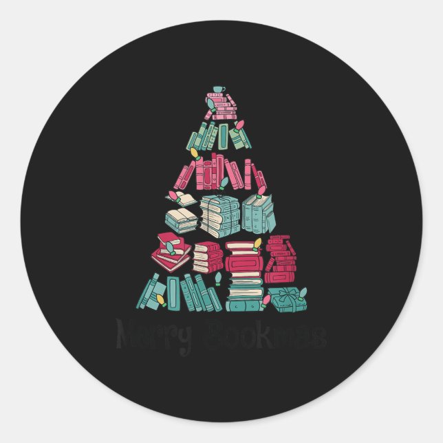 Merry Bookmas Books Ne Tree Funny Reading Lover Ch Classic Round Sticker (Front)