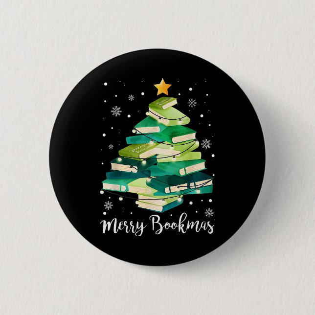 Merry Bookmas Books Pine Tree Fun Reading Lover Ch Button (Front)