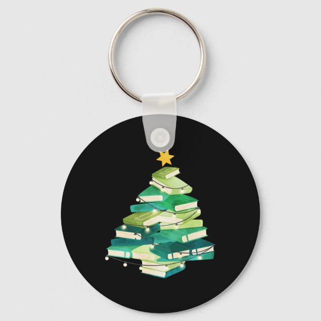 Merry Bookmas Books Pine Tree Fun Reading Lover Ch Keychain (Front)