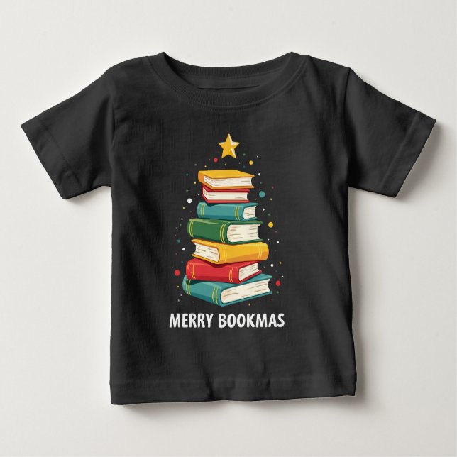 Merry Bookmas - Festive Book Stack for Book Lovers Baby T-Shirt (Front)
