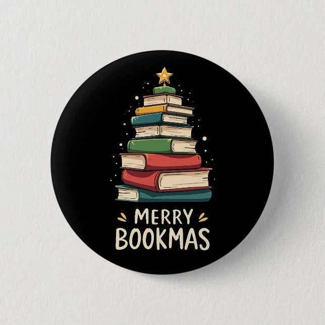 Merry Bookmas - Festive Book Stack for Book Lovers Button (Front)