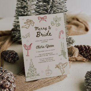 Merry & Bride Hand Drawn Christmas Bridal Shower Invitation