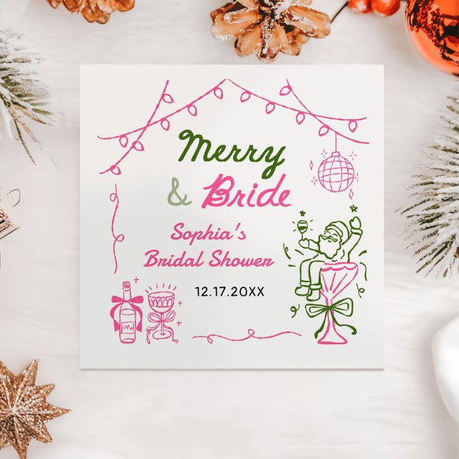 Merry & Bride Hand Drawn Christmas Bridal Shower Napkins (Creator Uploaded)