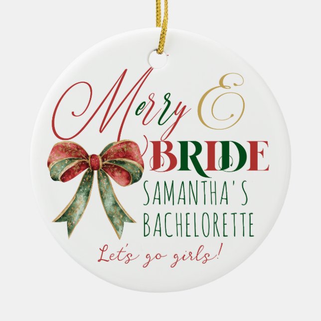 Merry & Bride Winter Christmas Bride Engagement Ceramic Ornament (Front)