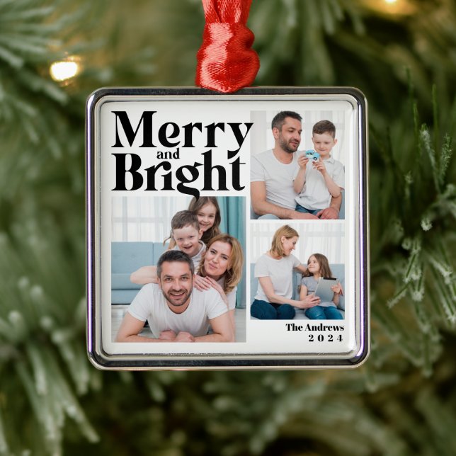 Merry & Bright 3 Family Photo Collage Christmas Metal Ornament (Tree)
