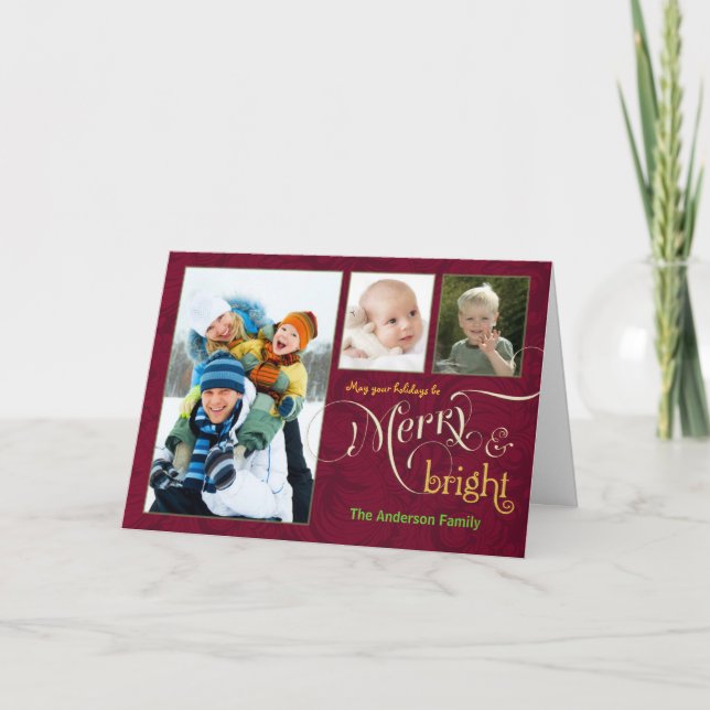 Merry & Bright 3-Photo Holiday Cards Cranberry Red (Front)