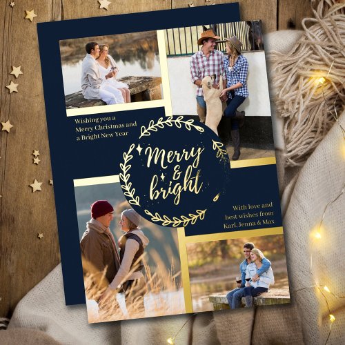 Merry  Bright 4 Photo Collage Dark Blue and Gold Foil Holiday Card