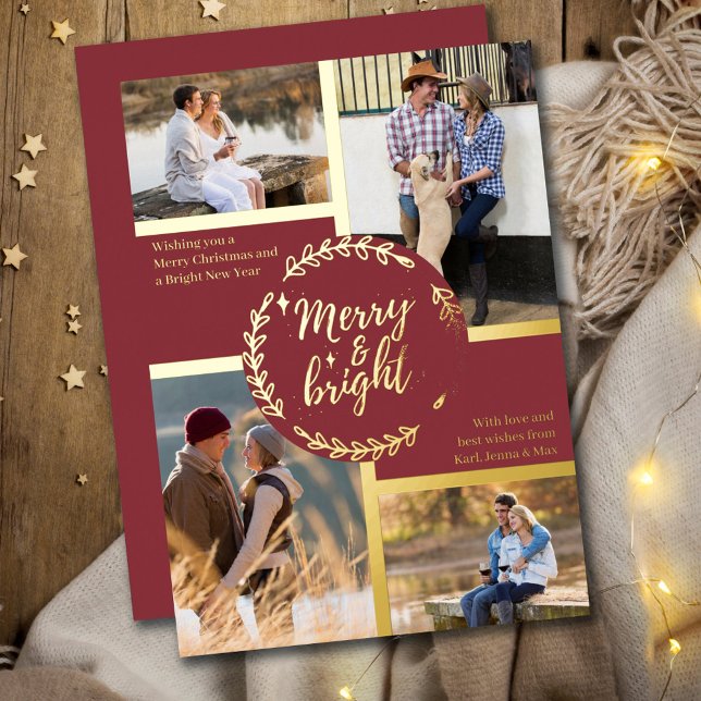 Merry & Bright 4 Photo Collage Dark Red and Gold Foil Holiday Card (Creator Uploaded)