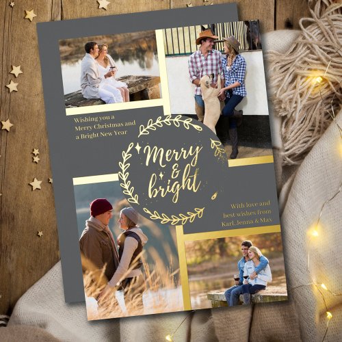 Merry  Bright 4 Photo Collage Grey and Gold Foil Holiday Card