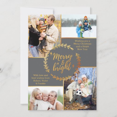 Merry  Bright 4 Photo Collage Grey Gold Christmas Holiday Card