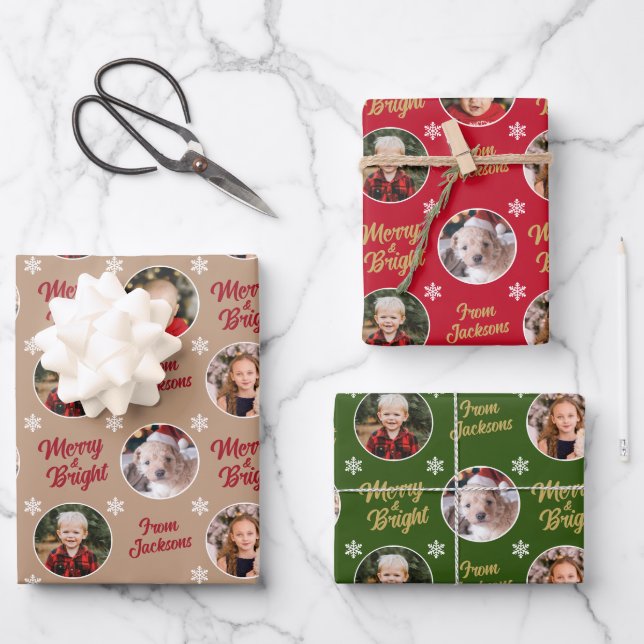 Merry & Bright 4 Photos Modern Christmas Wrapping Paper Sheets (Front)