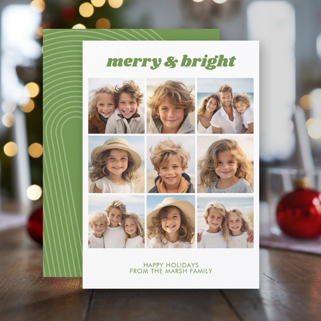 Merry & Bright - 9 Photo - Zen Arch Green White Holiday Card (Modern Christmas Photo Greeting Card)