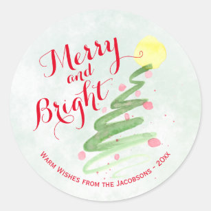 Merry & Bright Abstract Watercolor Christmas Tree Classic Round Sticker