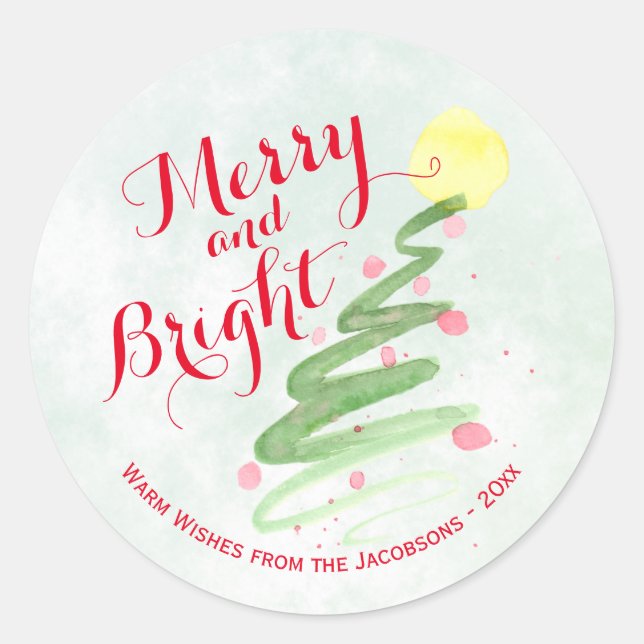 Merry & Bright Abstract Watercolor Christmas Tree Classic Round Sticker (Front)
