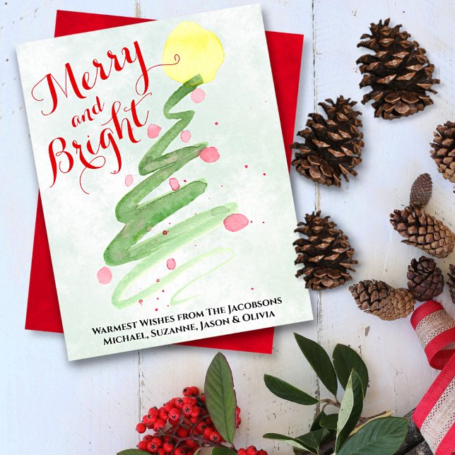 Merry & Bright Abstract Watercolor Christmas Tree Holiday Card (In Situ with Pinecones)